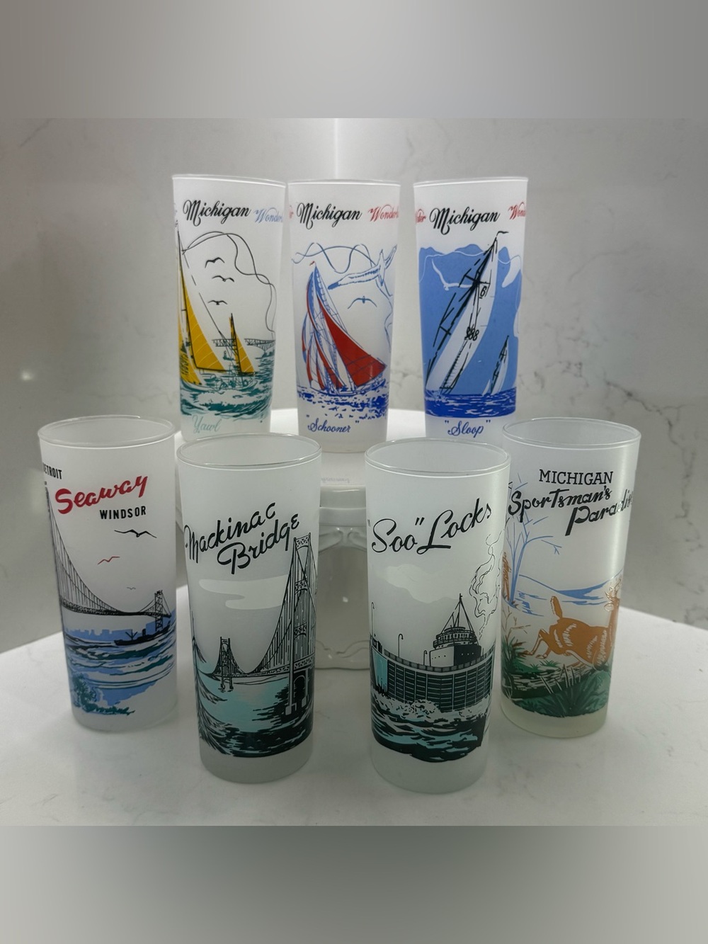 Vintage Michigan Frosted Glasses Set of 7 Mackinac Bridge, Soo Locks, Detroit